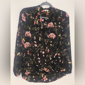 Pleione Pink Floral Tie Front Black long sleeve Blouse Womens Small